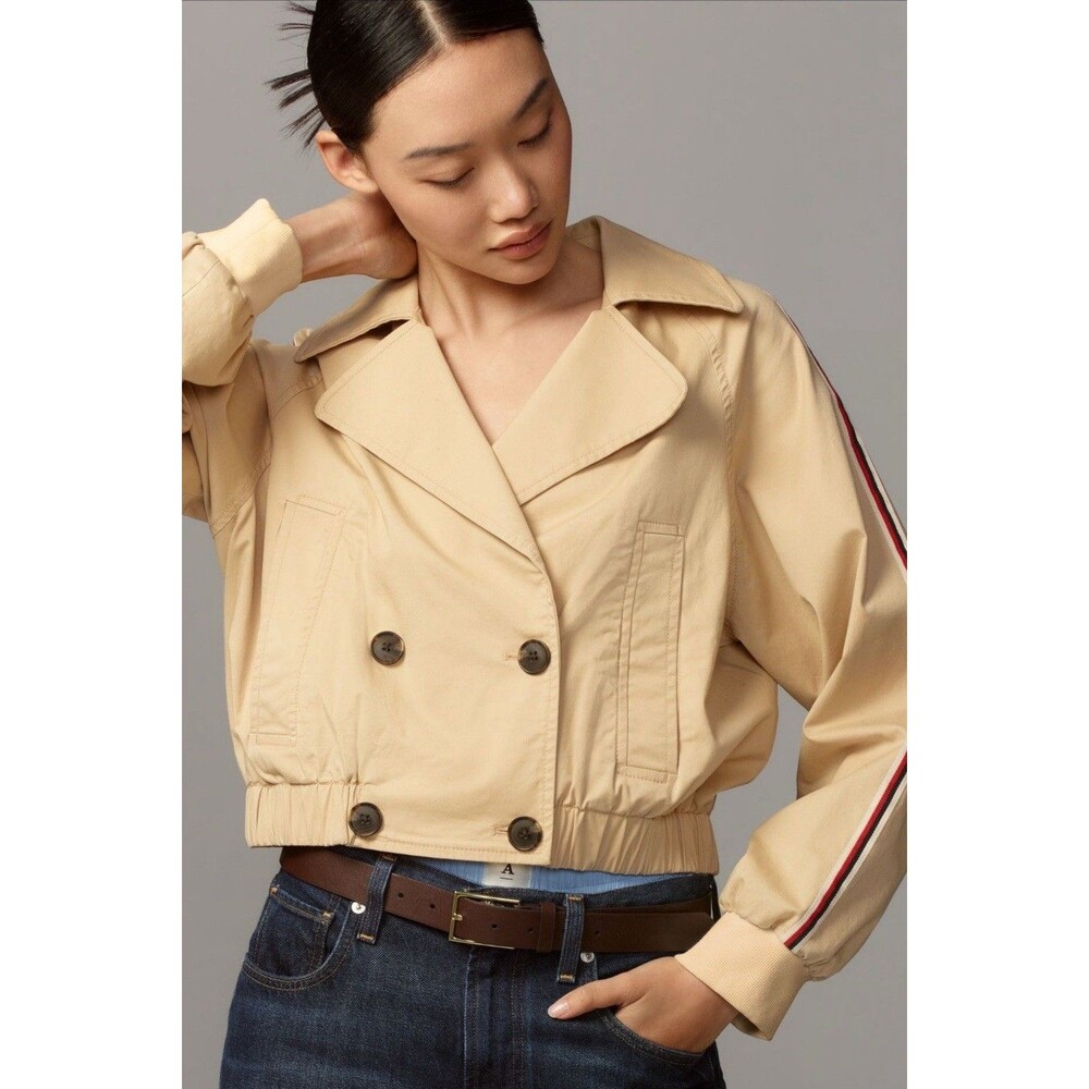 Anthropologie Maeve Cropped Trench Coat Khaki Double Breasted Preppy Size XL NWT - Picture 3 of 14